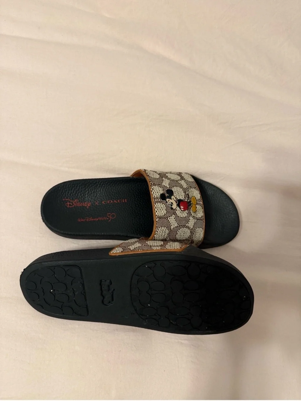 Coach Brown Signature Canvas Mickey Slide Sandals with Black Footbed
